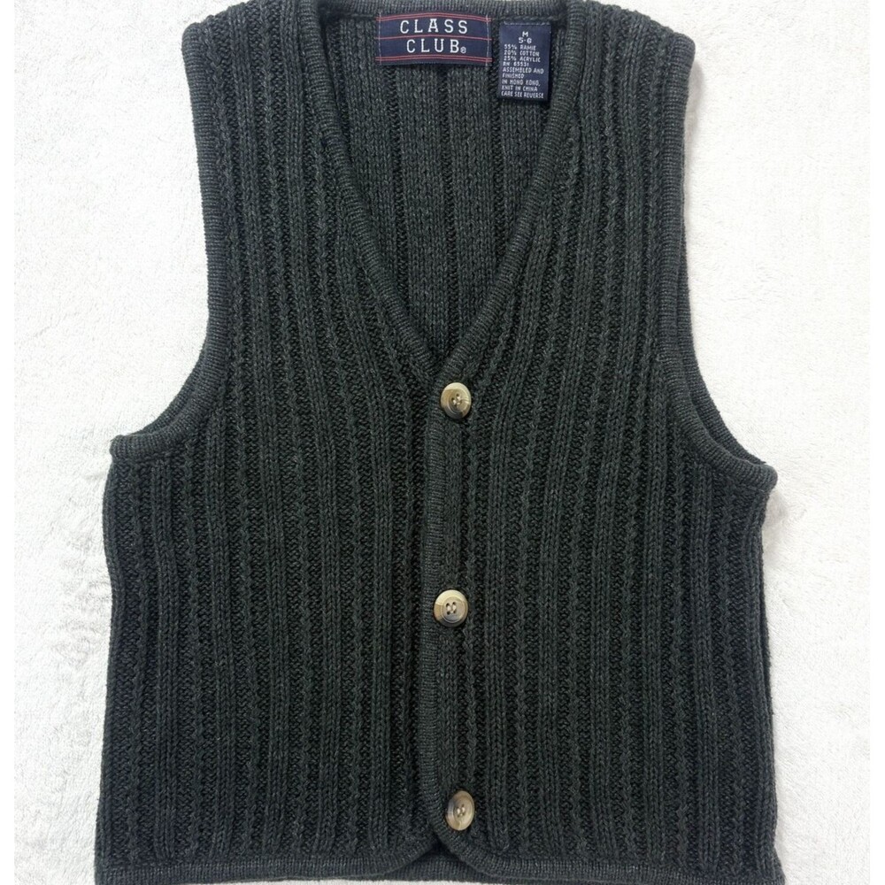 Vtg Class Club Sweater Vest Boys 5-6 Gray Buttoned Cable Knit Academia Professor